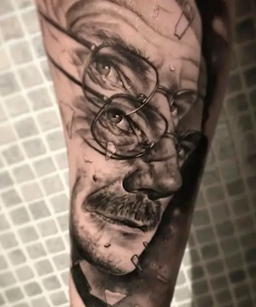 Face tattoo with glasses and a double-vision effect.